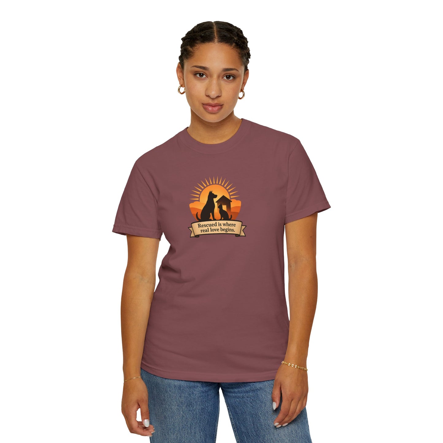 Rescued Is Where Real Love Begins Unisex Garment-Dyed T-Shirt - Perfect for Outdoor Lovers, Hiking, Gifts, Nature Enthusiasts, Casual Wear