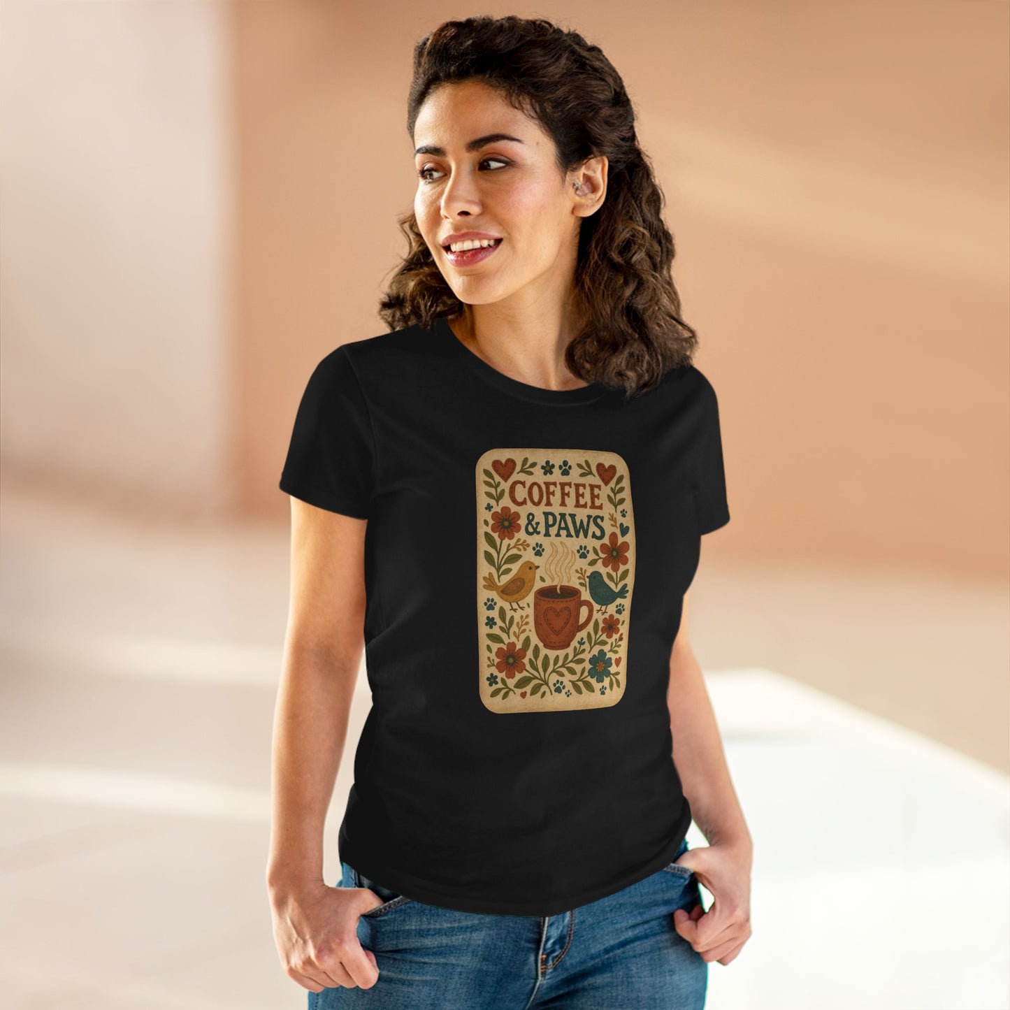 Coffee & Paws Women's Tee - Cozy Cotton Shirt for Pet Lovers, Casual Wear, Gift for Dog Owners, Dog Mom Merchandise, Animal Lover Tee