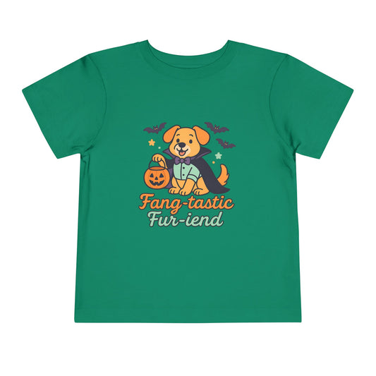 Fang-tastic Fur-iend Toddler Tee, Halloween Shirt for Kids, Cute Dog Graphic Tee, Toddler Halloween Outfit, Fall Celebration T-Shirt