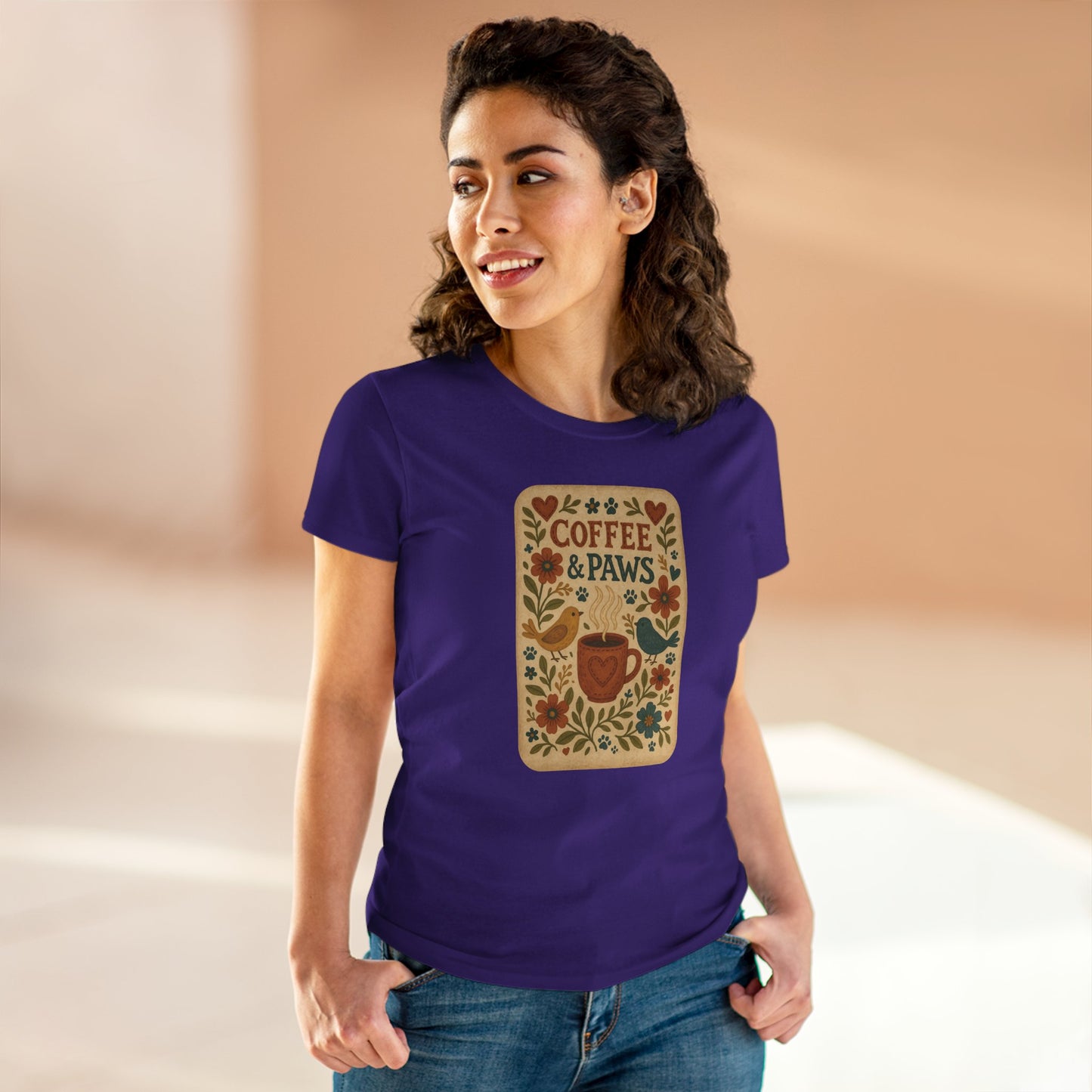 Coffee & Paws Women's Tee - Cozy Cotton Shirt for Pet Lovers, Casual Wear, Gift for Dog Owners, Dog Mom Merchandise, Animal Lover Tee