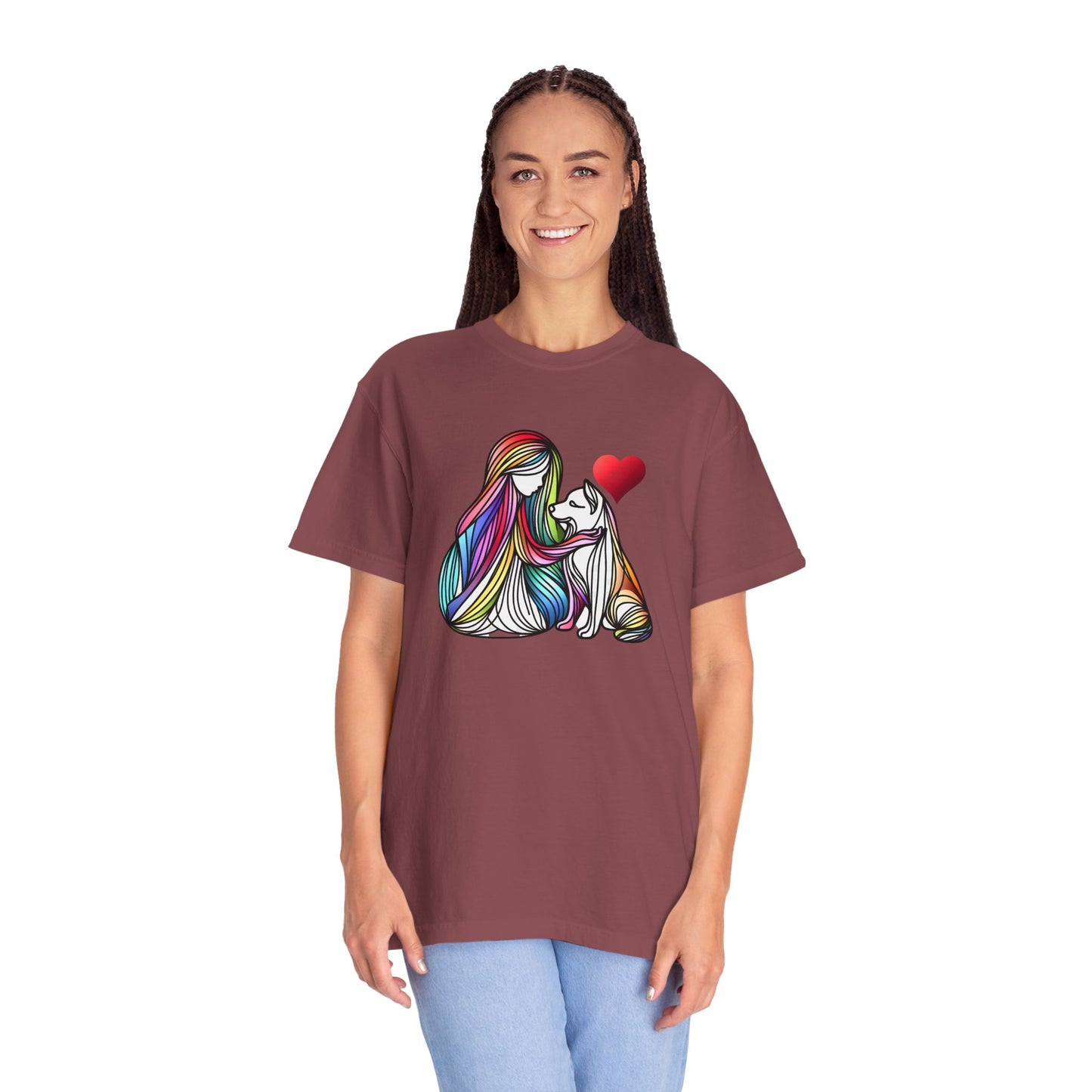 Colorful Dog Love Unisex T-Shirt - Garment-Dyed Cat & Woman Design
