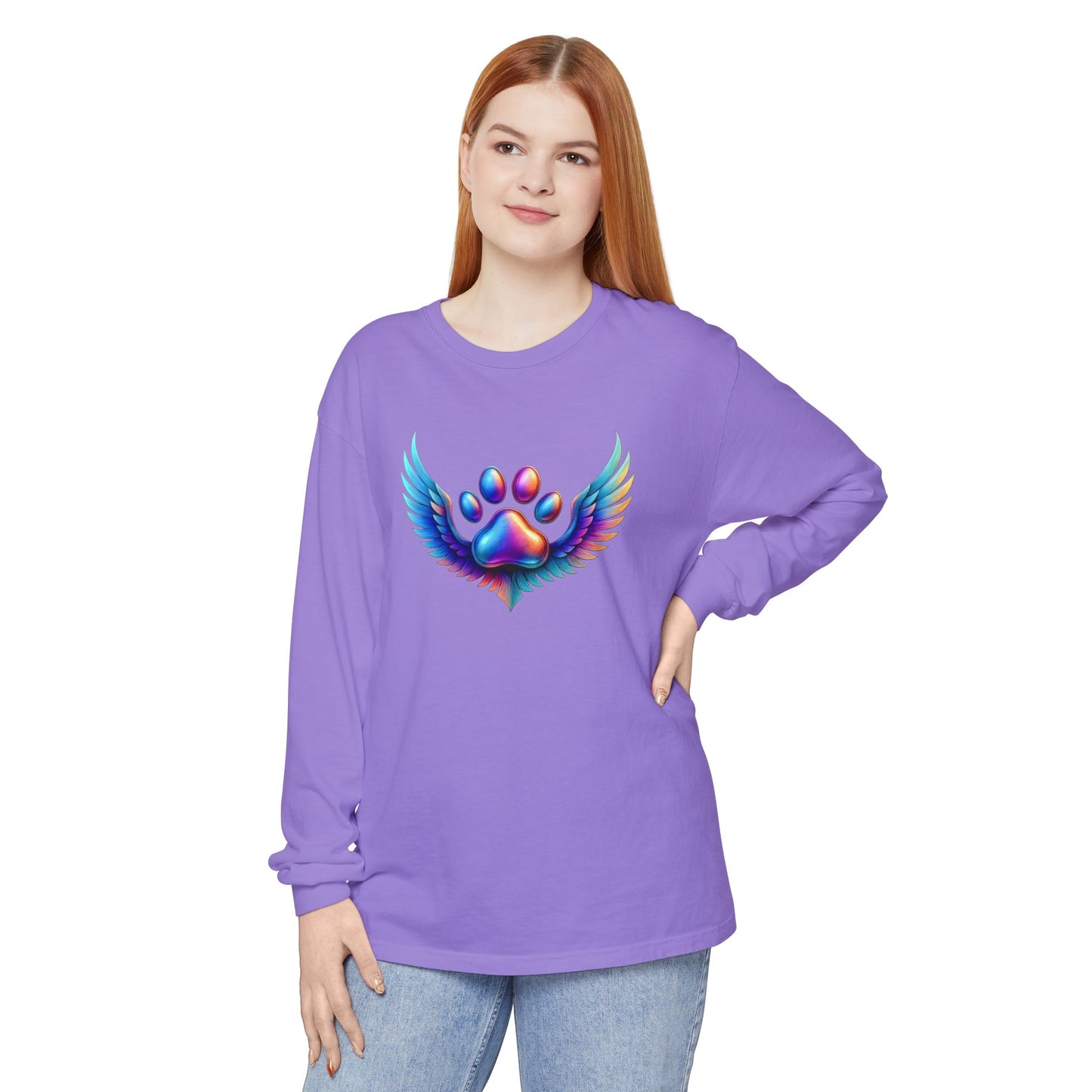Colorful Paw Print Long Sleeve T-Shirt, Animal Lover Gift, Pet Memorial Tee, Winged Paw Shirt, Unisex Graphic Tee
