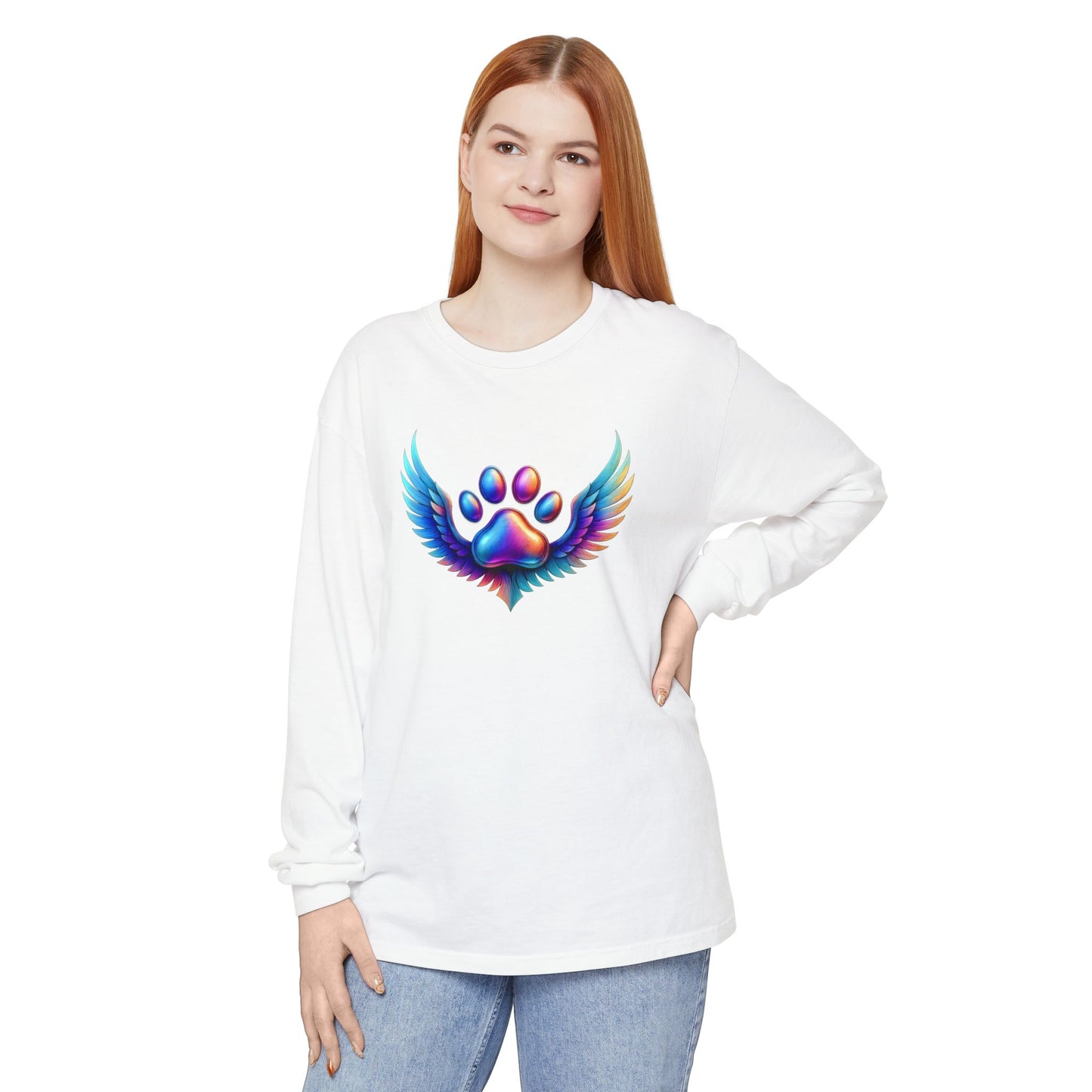 Colorful Paw Print Long Sleeve T-Shirt, Animal Lover Gift, Pet Memorial Tee, Winged Paw Shirt, Unisex Graphic Tee
