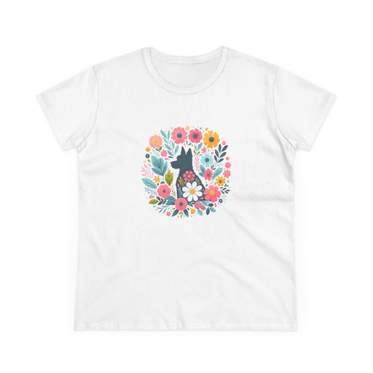 Floral Dog Silhouette Tee, Women's Cotton T-Shirt, Animal Lover Gift, Cute Summer Top, Pet Owner Apparel, Nature Inspired Design
