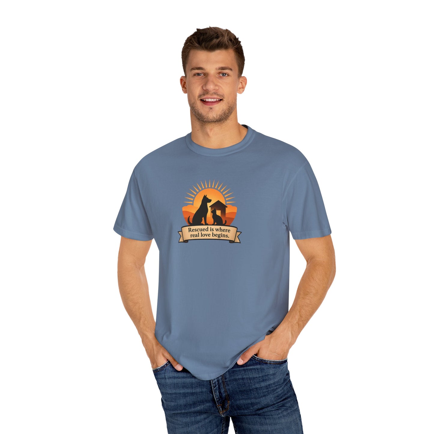 Rescued Is Where Real Love Begins Unisex Garment-Dyed T-Shirt - Perfect for Outdoor Lovers, Hiking, Gifts, Nature Enthusiasts, Casual Wear