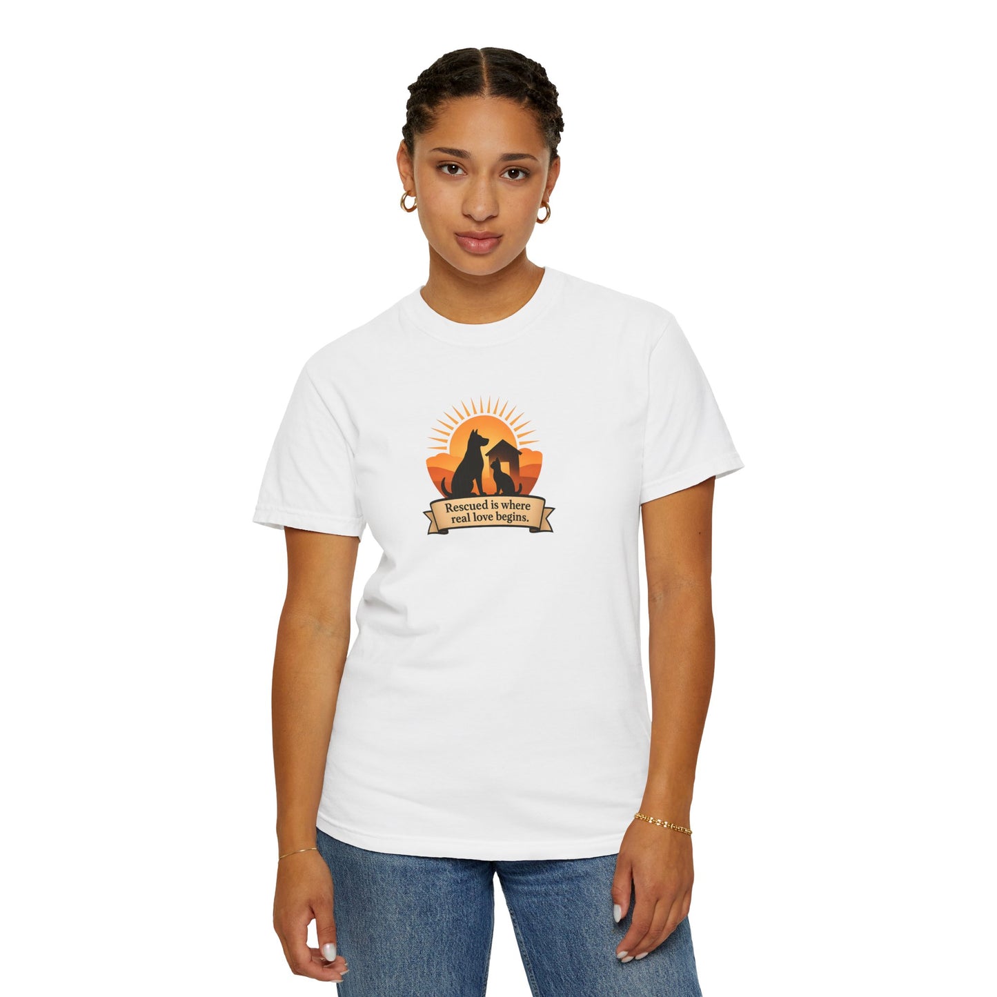 Rescued Is Where Real Love Begins Unisex Garment-Dyed T-Shirt - Perfect for Outdoor Lovers, Hiking, Gifts, Nature Enthusiasts, Casual Wear