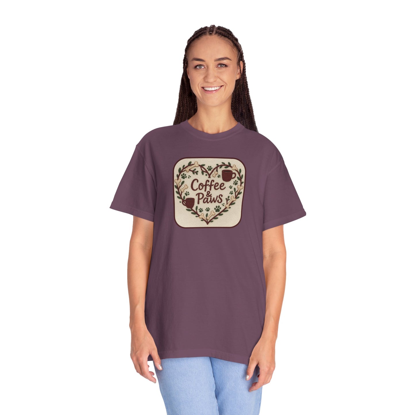 Coffee Paws Unisex Garment-Dyed T-shirt, Cute Coffee Lover Tee, Gift for Dog Owners, Nature-Inspired Shirt, Cozy Casual Wear