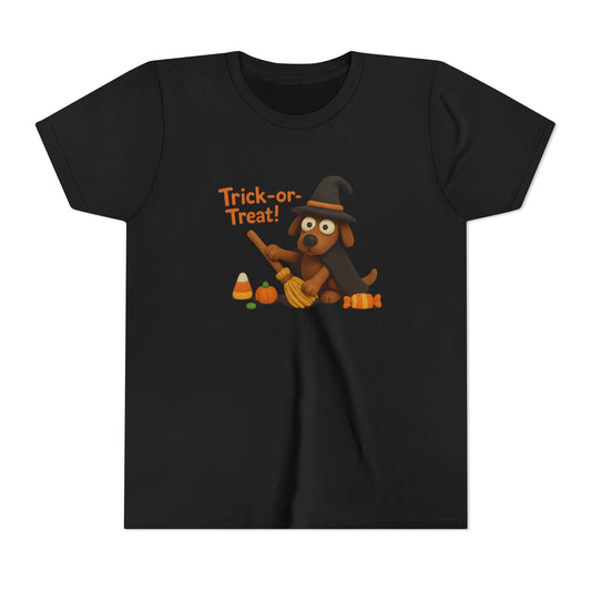 Halloween Dog Trick-or-Treat Youth Tee, Cute Kids T-Shirt, Fall Apparel, Halloween Costume, Gift for Kids, Fun Dog Shirt