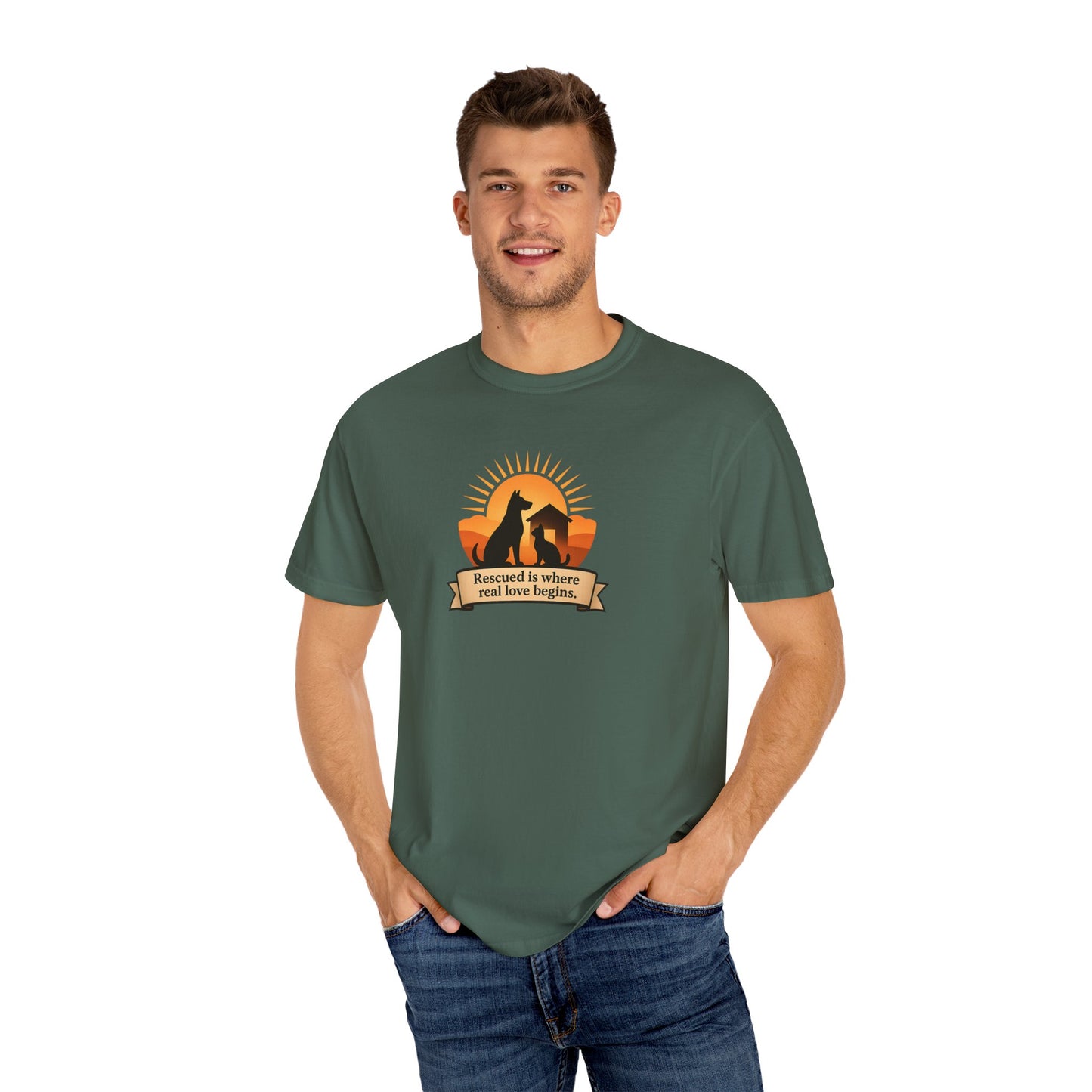 Rescued Is Where Real Love Begins Unisex Garment-Dyed T-Shirt - Perfect for Outdoor Lovers, Hiking, Gifts, Nature Enthusiasts, Casual Wear