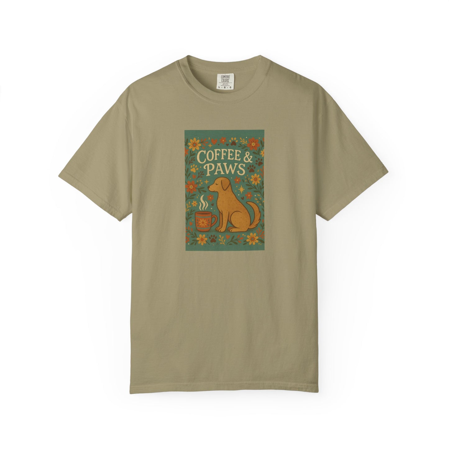 Coffee & Paws Unisex Garment-Dyed T-Shirt - Cute Dog Lovers Gift, Pet Owners Tee, Floral Design, Coffee Enthusiast Top, Casual Wear