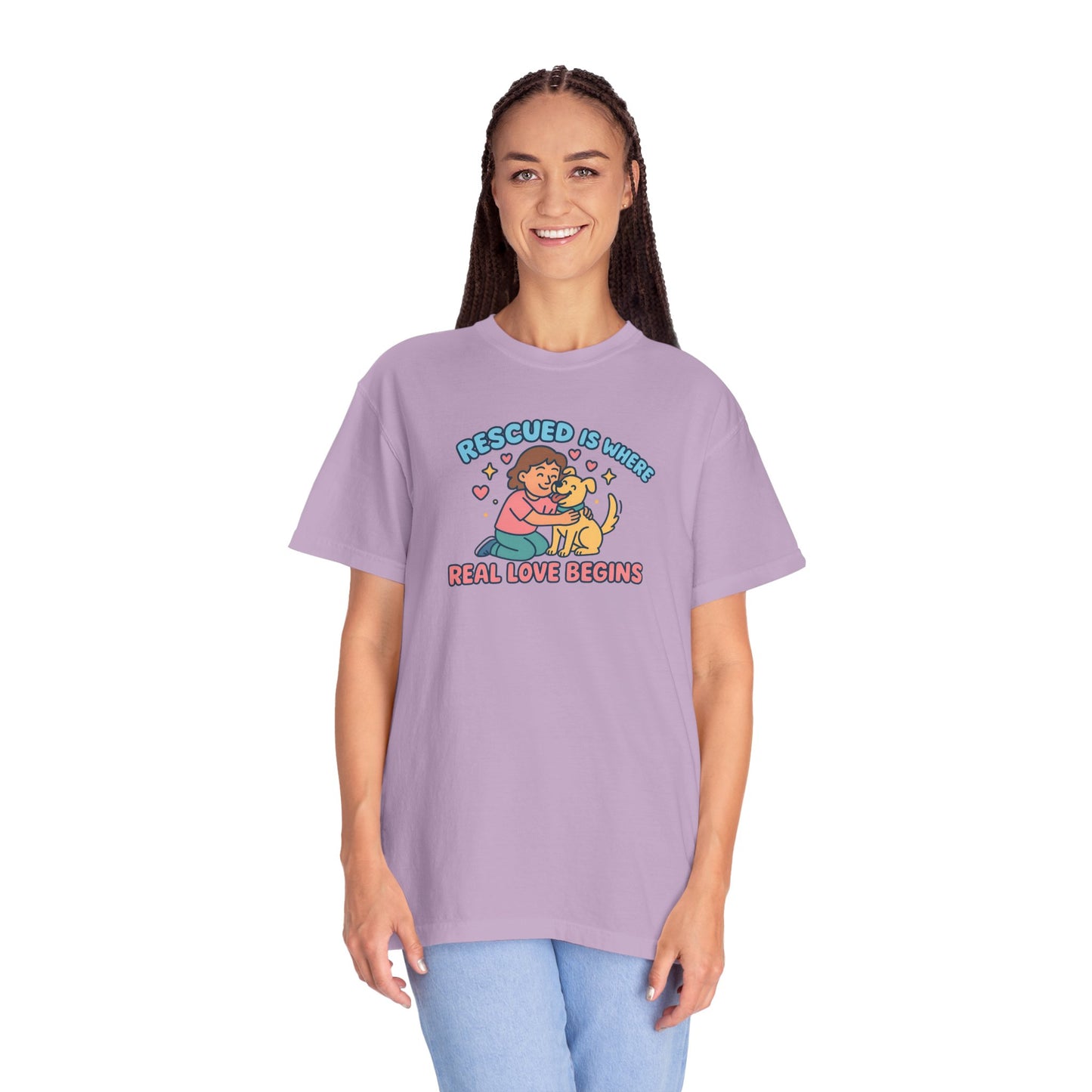 Rescued Is Where Real Love Begins Unisex T-Shirt - For Animal Lovers, Gift for Dog Owners, Adoption Awareness Tee, Casual Wear, Eco-Friendly Fashion