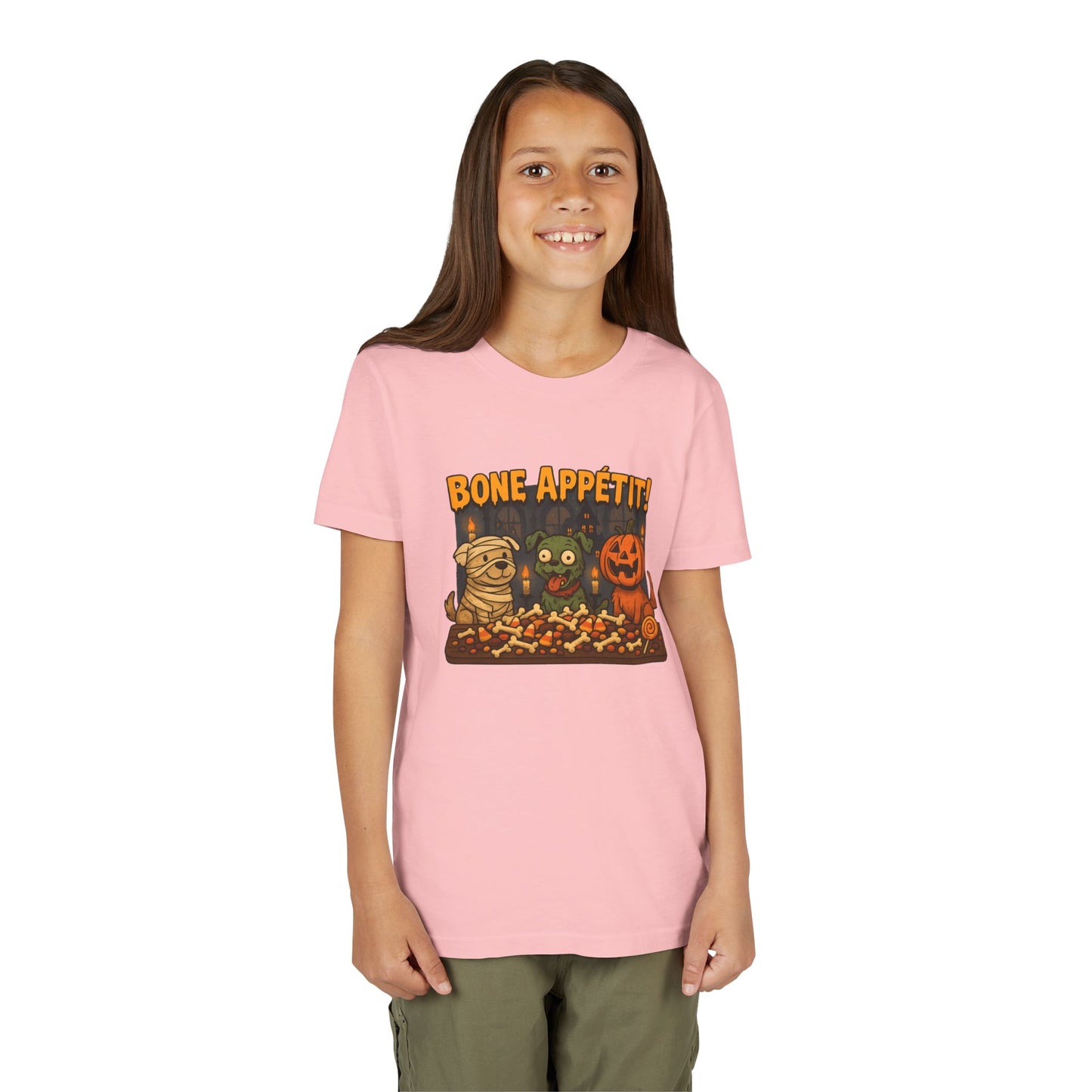 Halloween Kids Tee - Bone Appetit! Funny Short Sleeve Shirt for Trick or Treat, Spooky Season, Gift for Kids