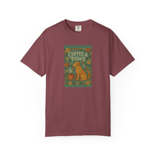 Coffee & Paws Unisex Garment-Dyed T-Shirt - Cute Dog Lovers Gift, Pet Owners Tee, Floral Design, Coffee Enthusiast Top, Casual Wear
