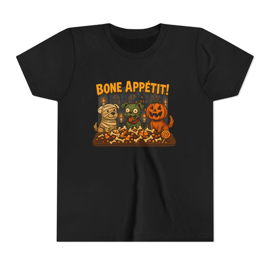 Halloween Kids Tee - Bone Appetit! Funny Short Sleeve Shirt for Trick or Treat, Spooky Season, Gift for Kids