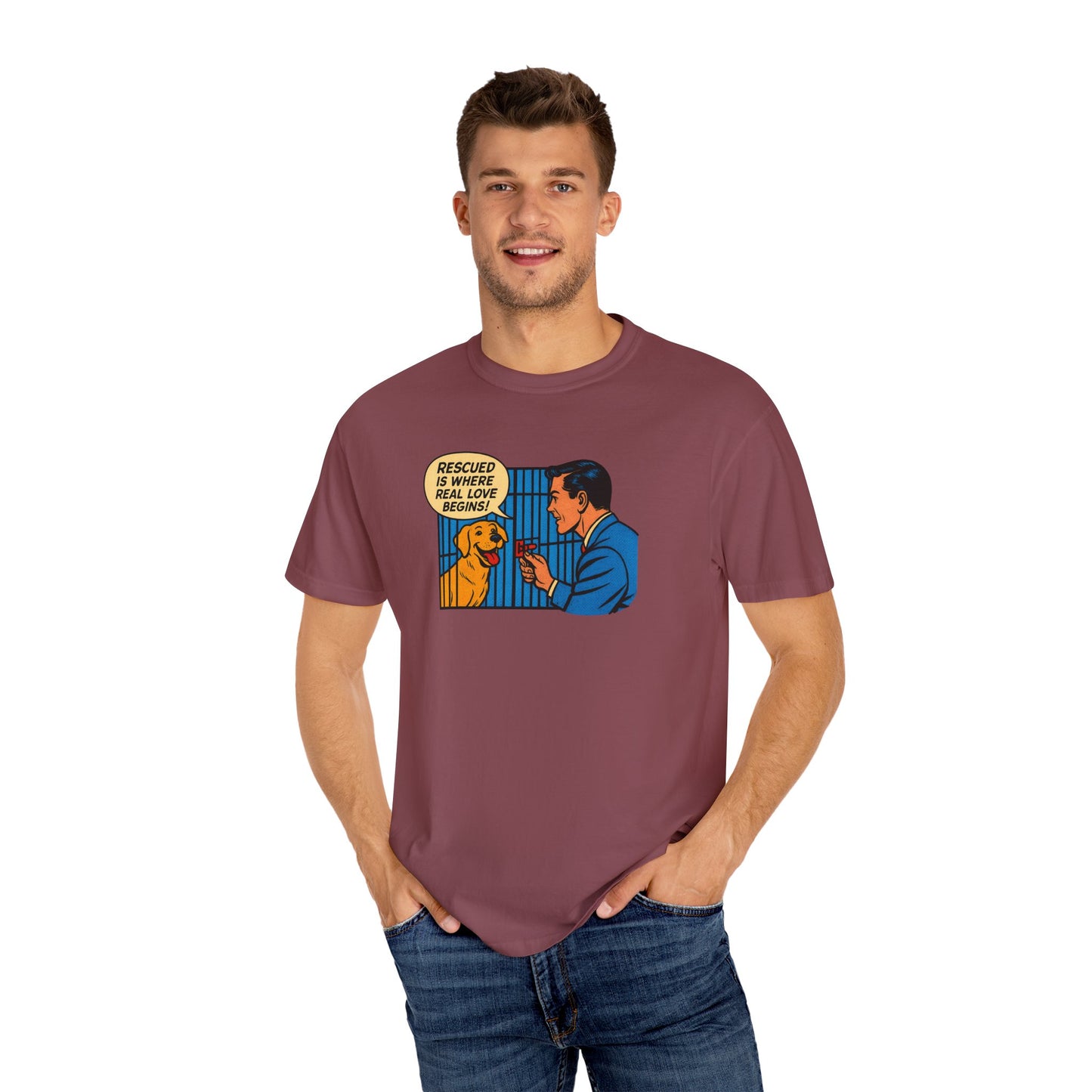 Rescued Is Where Real Love Begins Tee, Dog Lover T-Shirt, Vintage Style Animal Rights Shirt, Funny Pet Owner Gift, Animal Rescue Awareness Wear