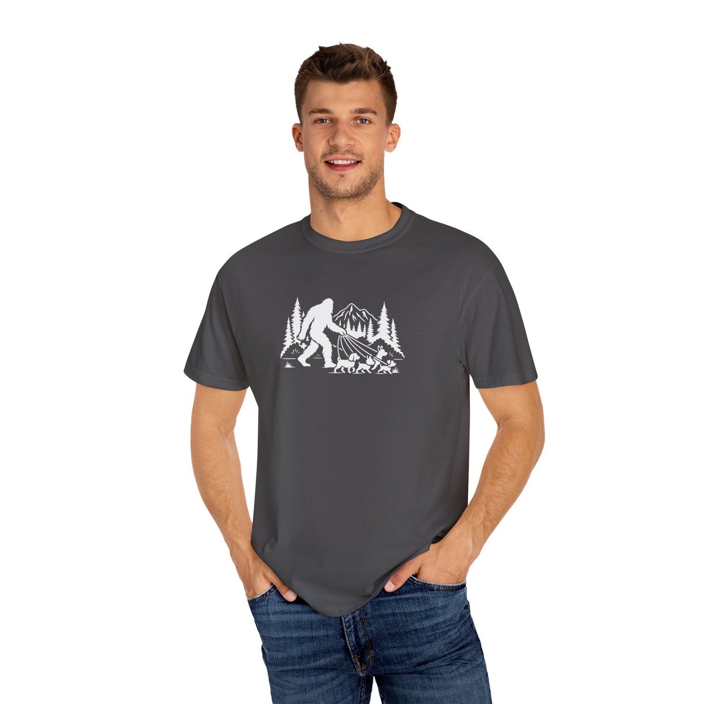 Bigfoot dog walk T-Shirt with Outdoor Adventure Design
