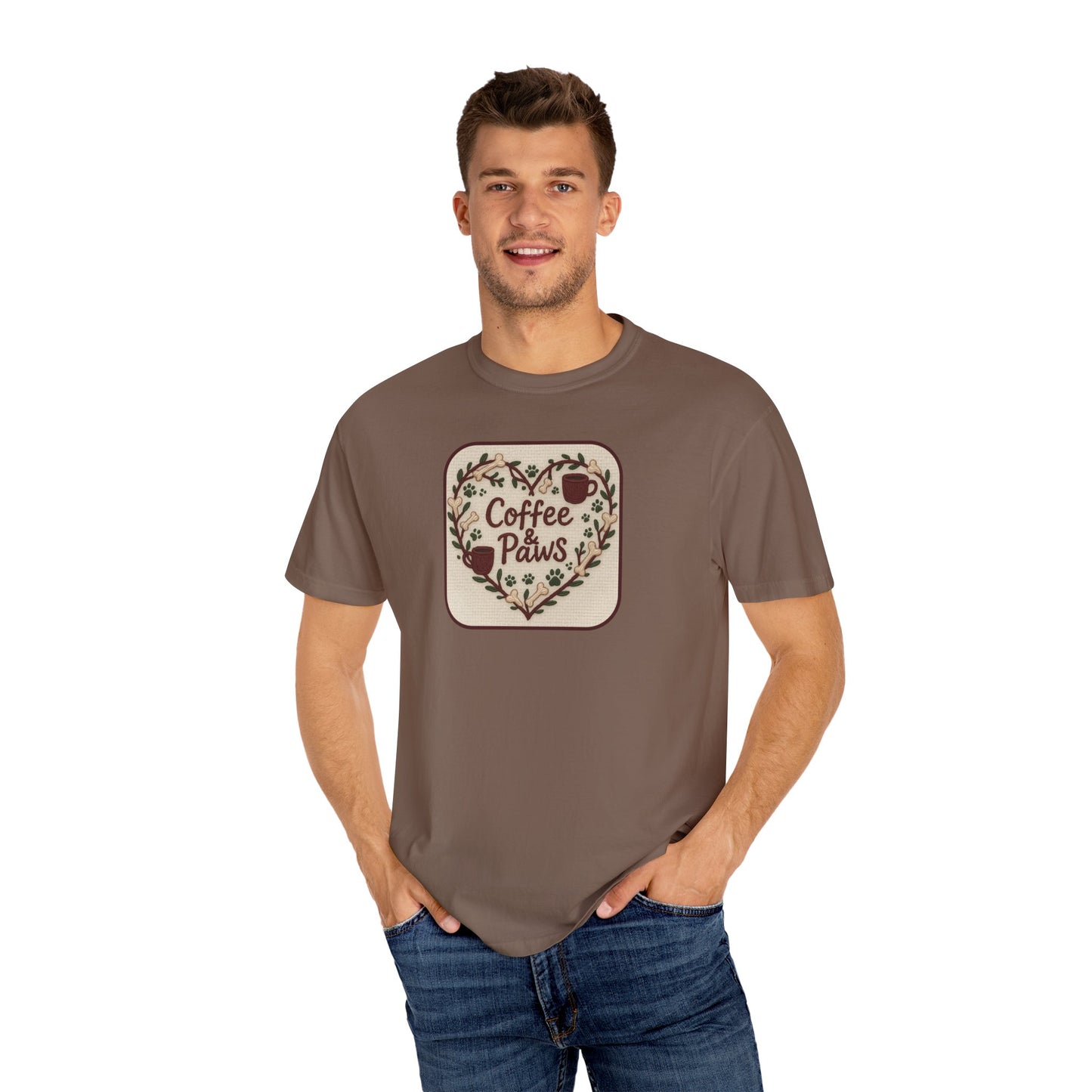 Coffee Paws Unisex Garment-Dyed T-shirt, Cute Coffee Lover Tee, Gift for Dog Owners, Nature-Inspired Shirt, Cozy Casual Wear