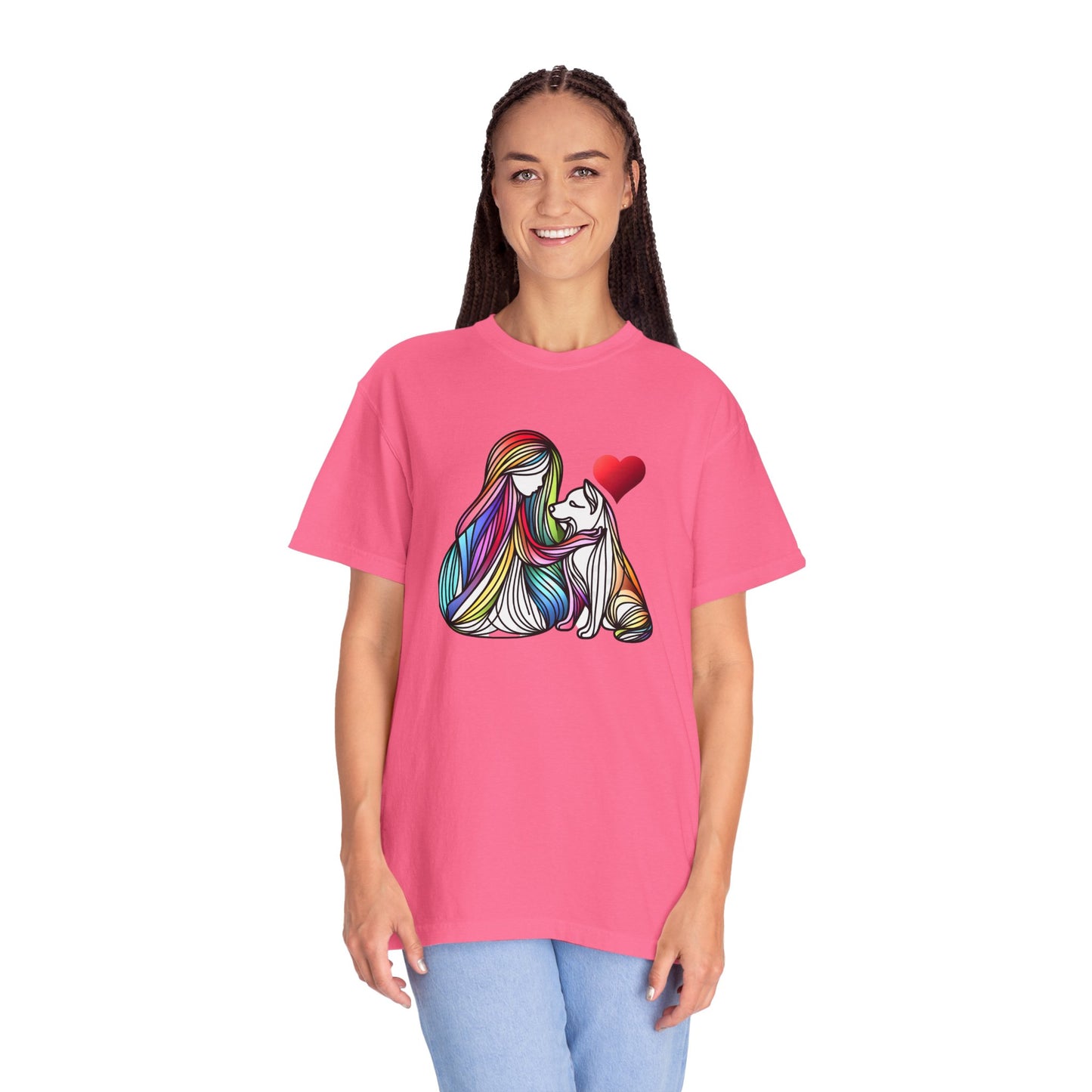 Colorful Dog Love Unisex T-Shirt - Garment-Dyed Cat & Woman Design