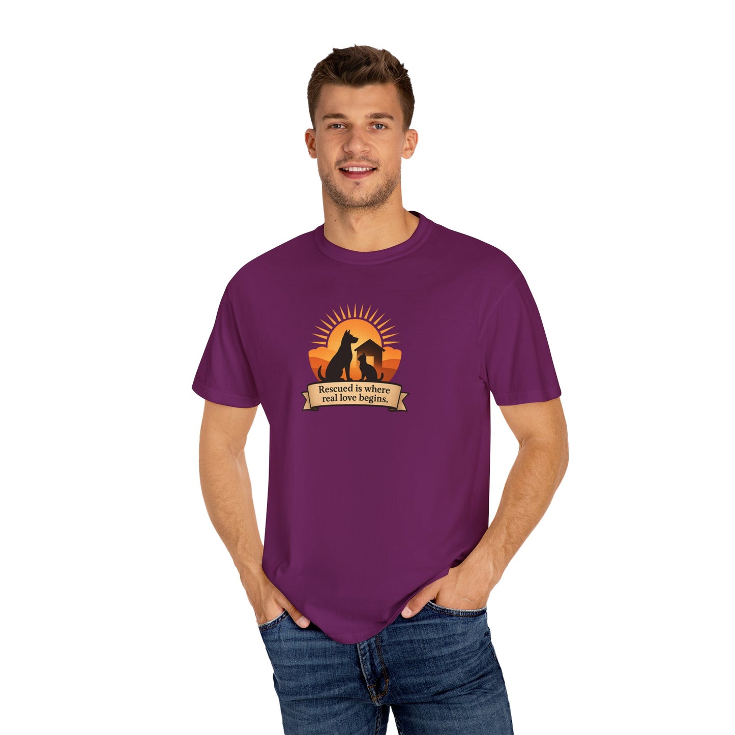 Rescued Is Where Real Love Begins Unisex Garment-Dyed T-Shirt - Perfect for Outdoor Lovers, Hiking, Gifts, Nature Enthusiasts, Casual Wear