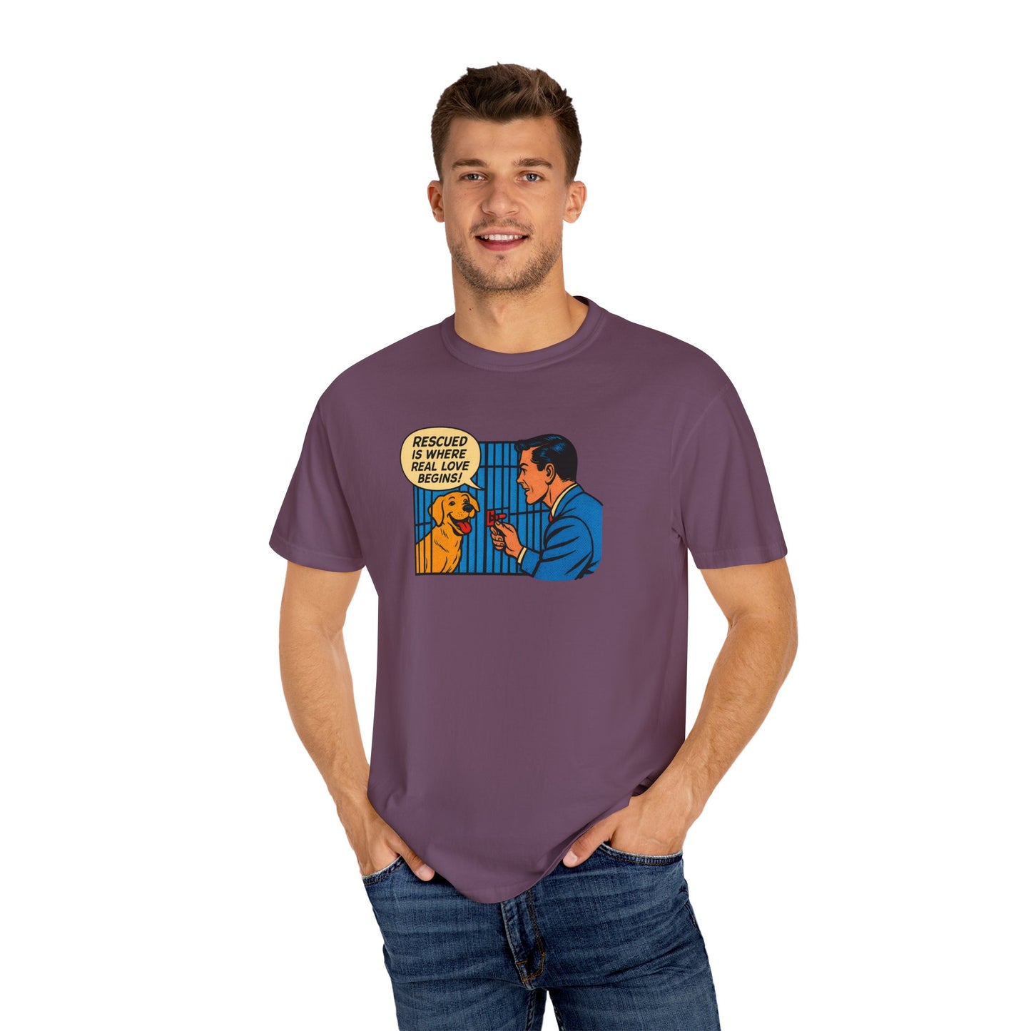 Rescued Is Where Real Love Begins Tee, Dog Lover T-Shirt, Vintage Style Animal Rights Shirt, Funny Pet Owner Gift, Animal Rescue Awareness Wear