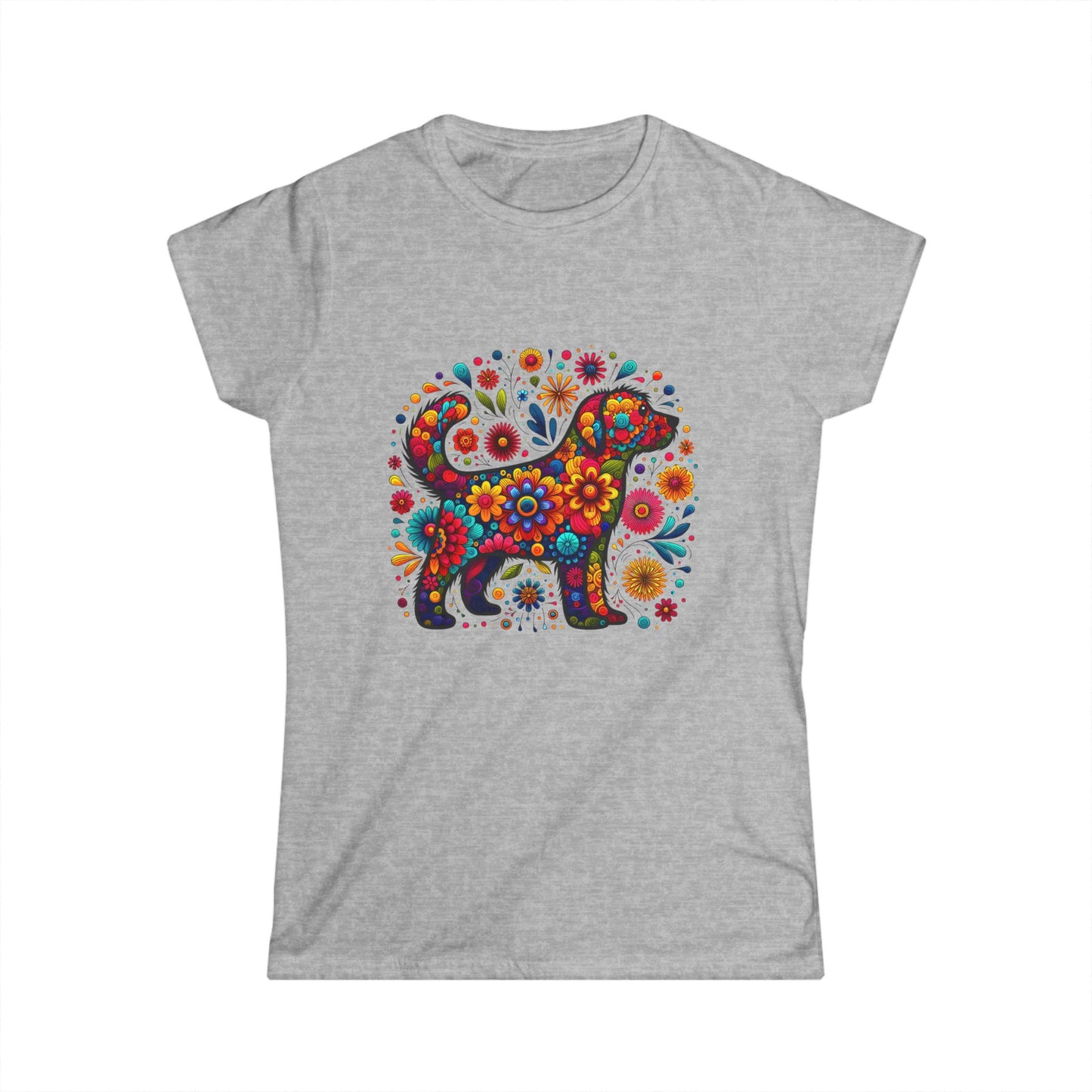 Women's Tee Colorful Dog and Flowers Artistic Design