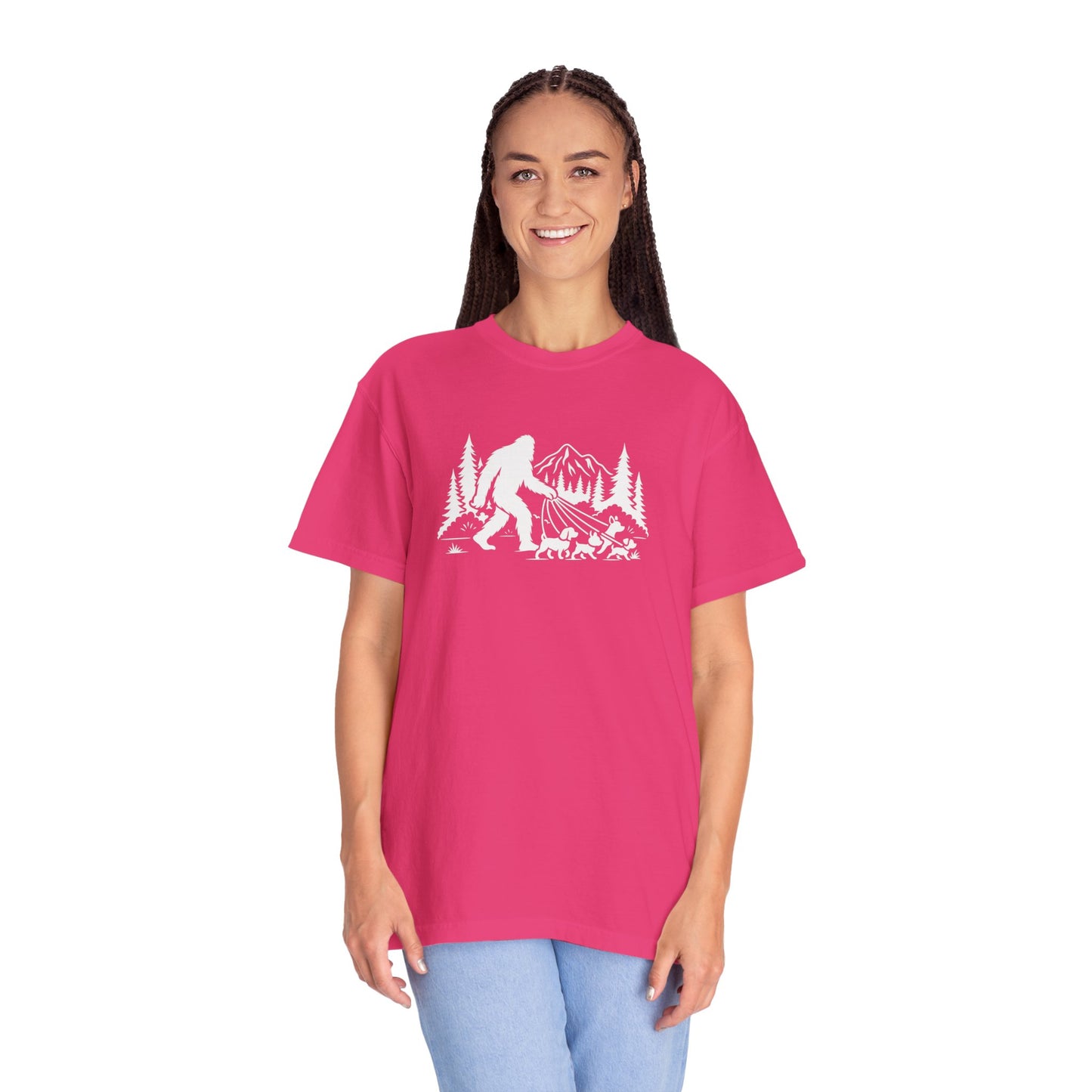 Bigfoot dog walk T-Shirt with Outdoor Adventure Design