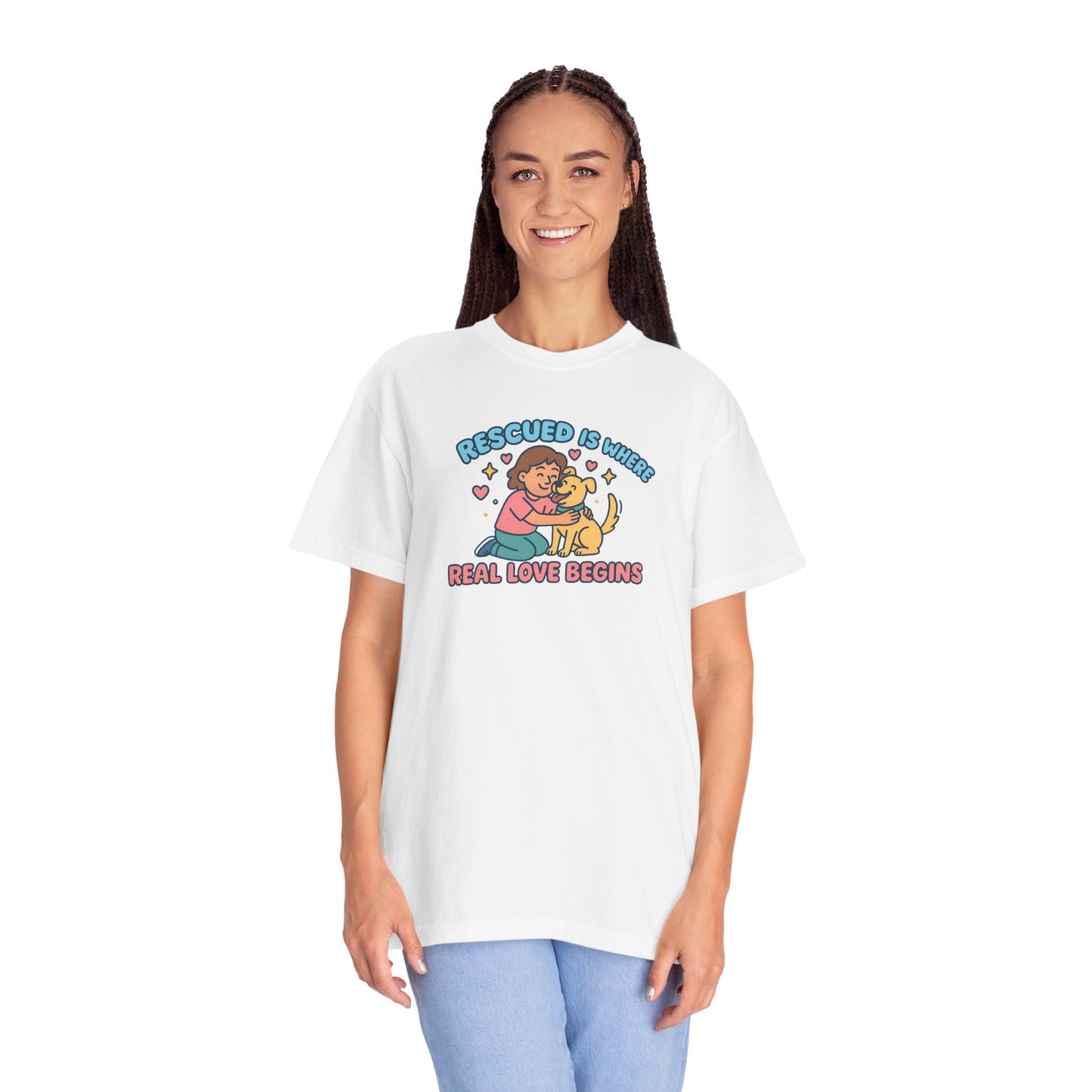 Rescued Is Where Real Love Begins Unisex T-Shirt - For Animal Lovers, Gift for Dog Owners, Adoption Awareness Tee, Casual Wear, Eco-Friendly Fashion