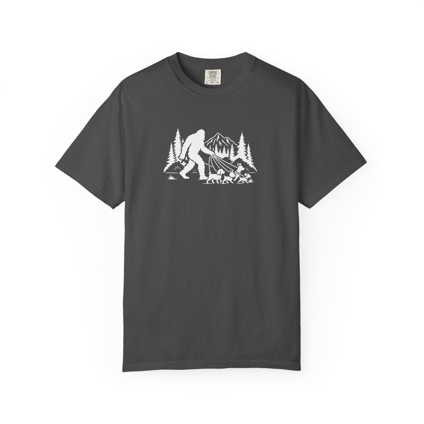Bigfoot dog walk T-Shirt with Outdoor Adventure Design
