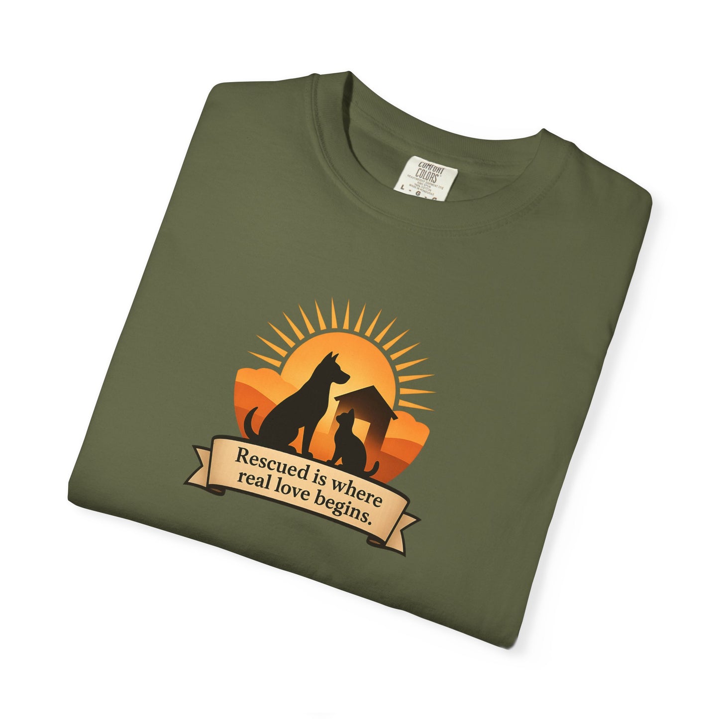 Rescued Is Where Real Love Begins Unisex Garment-Dyed T-Shirt - Perfect for Outdoor Lovers, Hiking, Gifts, Nature Enthusiasts, Casual Wear