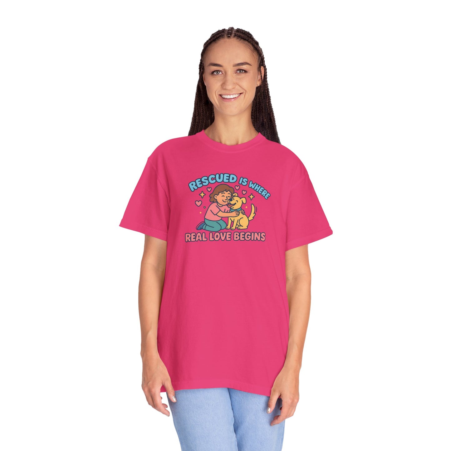 Rescued Is Where Real Love Begins Unisex T-Shirt - For Animal Lovers, Gift for Dog Owners, Adoption Awareness Tee, Casual Wear, Eco-Friendly Fashion