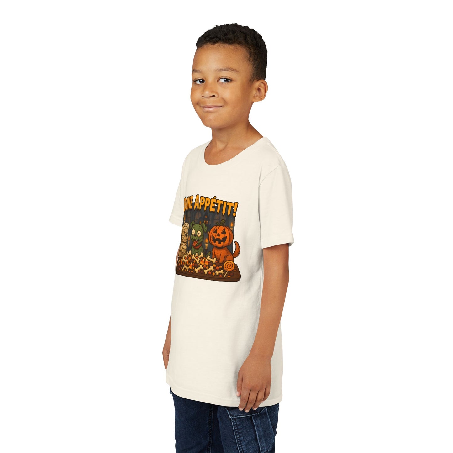 Halloween Kids Tee - Bone Appetit! Funny Short Sleeve Shirt for Trick or Treat, Spooky Season, Gift for Kids