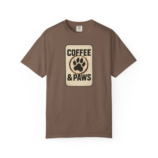 Coffee & Paws Unisex Garment-Dyed T-shirt, Dog Lover Tee, Pet Owner Gift, Coffee Lover Shirt, Animal Enthusiast Apparel, Casual Wear
