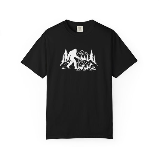 Bigfoot dog walk T-Shirt with Outdoor Adventure Design