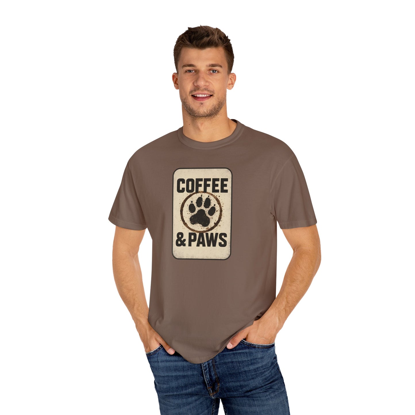 Coffee & Paws Unisex Garment-Dyed T-shirt, Dog Lover Tee, Pet Owner Gift, Coffee Lover Shirt, Animal Enthusiast Apparel, Casual Wear