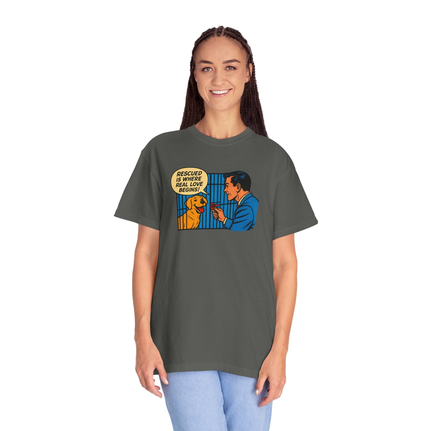 Rescued Is Where Real Love Begins Tee, Dog Lover T-Shirt, Vintage Style Animal Rights Shirt, Funny Pet Owner Gift, Animal Rescue Awareness Wear