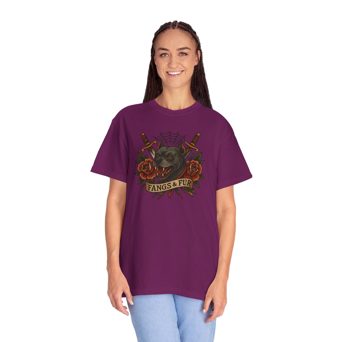 Fangs & Fur Unisex T-Shirt, Gothic Tee, Halloween Apparel, Alternative Fashion, Cat & Rose Design, Graphic T-Shirt