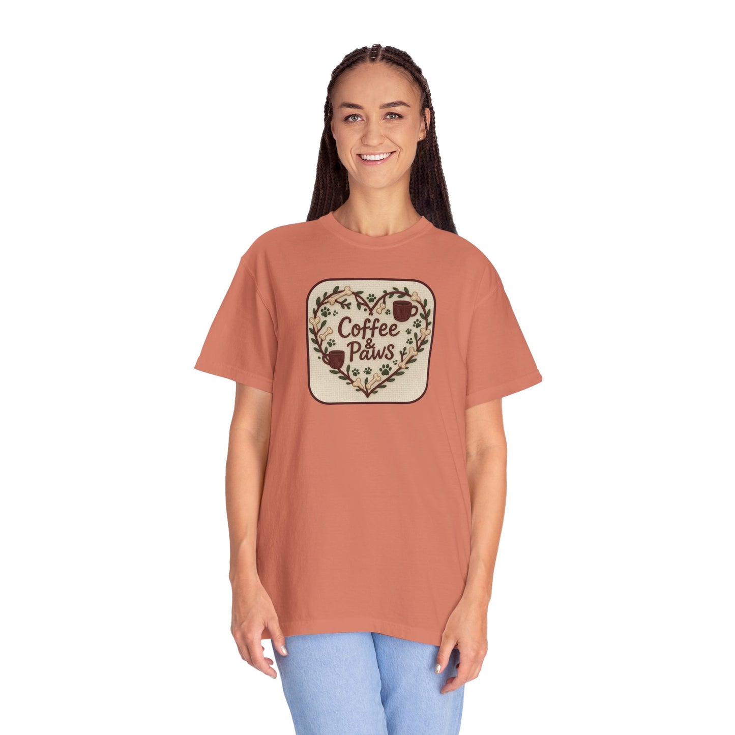 Coffee Paws Unisex Garment-Dyed T-shirt, Cute Coffee Lover Tee, Gift for Dog Owners, Nature-Inspired Shirt, Cozy Casual Wear