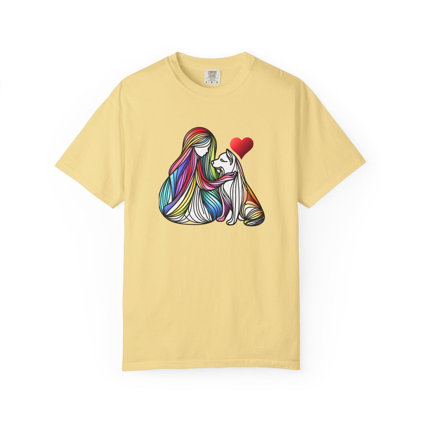 Colorful Dog Love Unisex T-Shirt - Garment-Dyed Cat & Woman Design