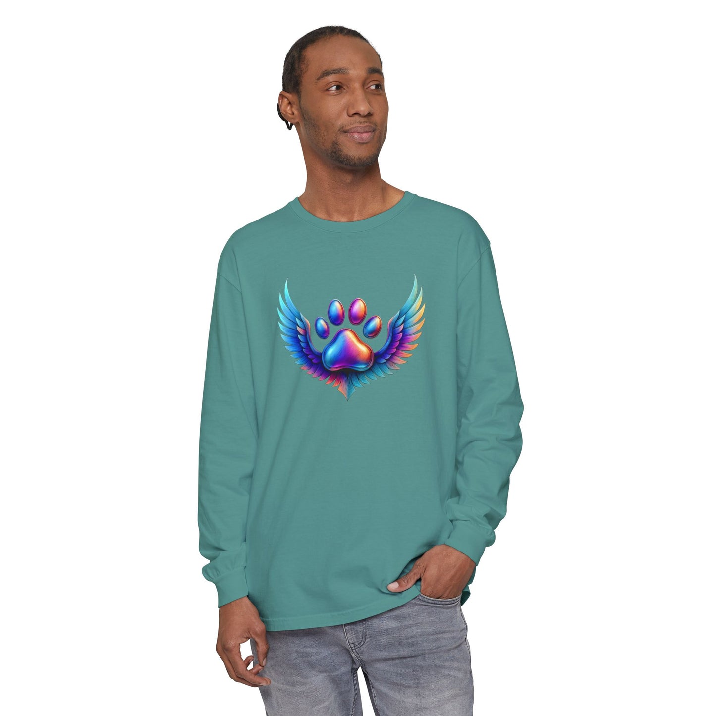 Colorful Paw Print Long Sleeve T-Shirt, Animal Lover Gift, Pet Memorial Tee, Winged Paw Shirt, Unisex Graphic Tee