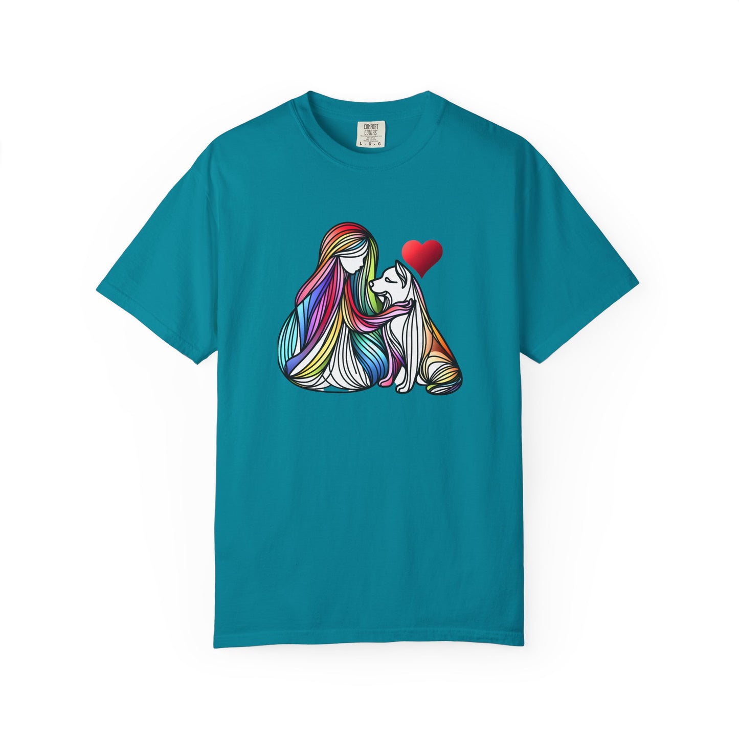 Colorful Dog Love Unisex T-Shirt - Garment-Dyed Cat & Woman Design