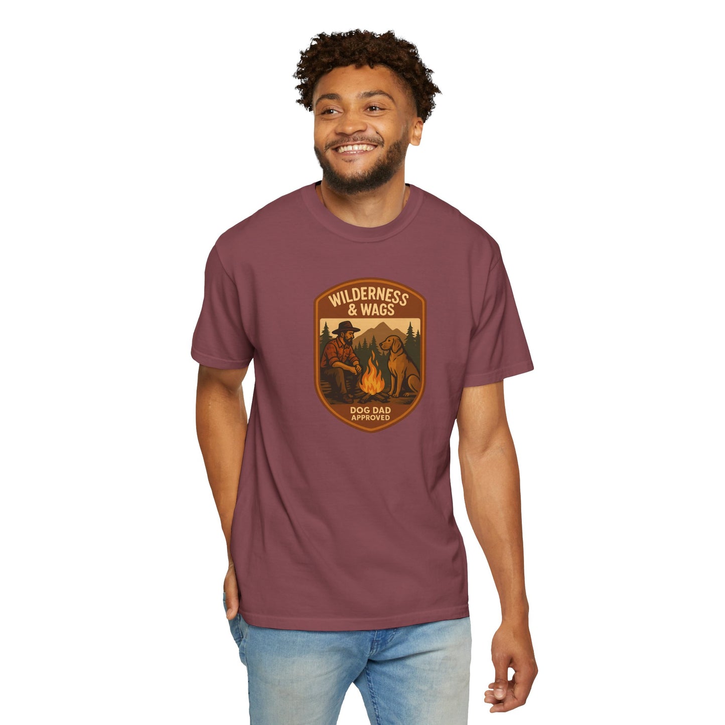 Wilderness & Wags Dog Dad Unisex T-Shirt, Dog Lover Gift, Camping Tee, Father’s Day Apparel, Nature-Inspired Shirt