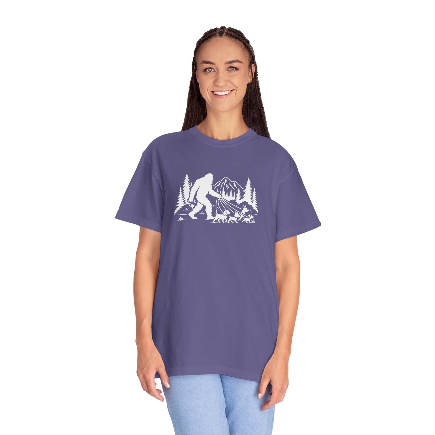 Bigfoot dog walk T-Shirt with Outdoor Adventure Design