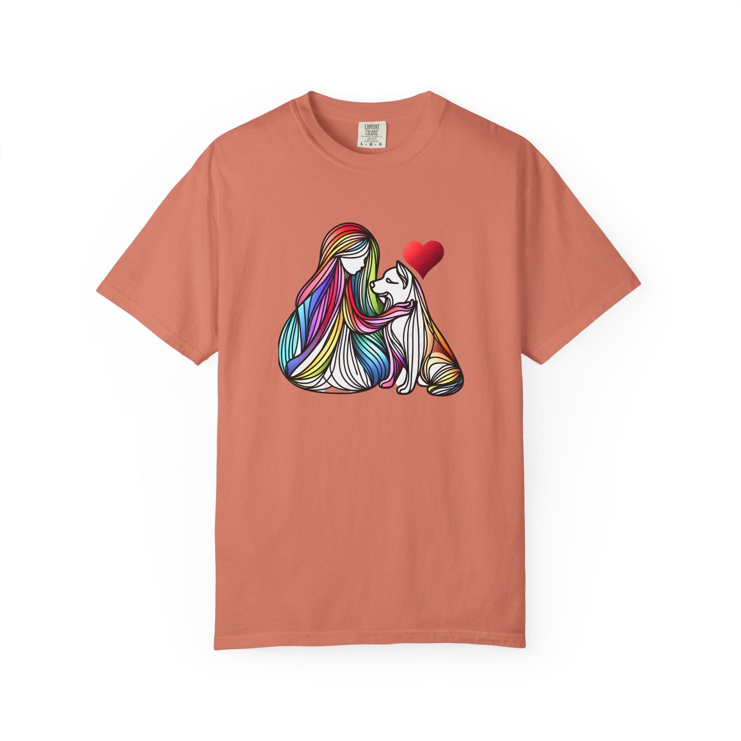 Colorful Dog Love Unisex T-Shirt - Garment-Dyed Cat & Woman Design