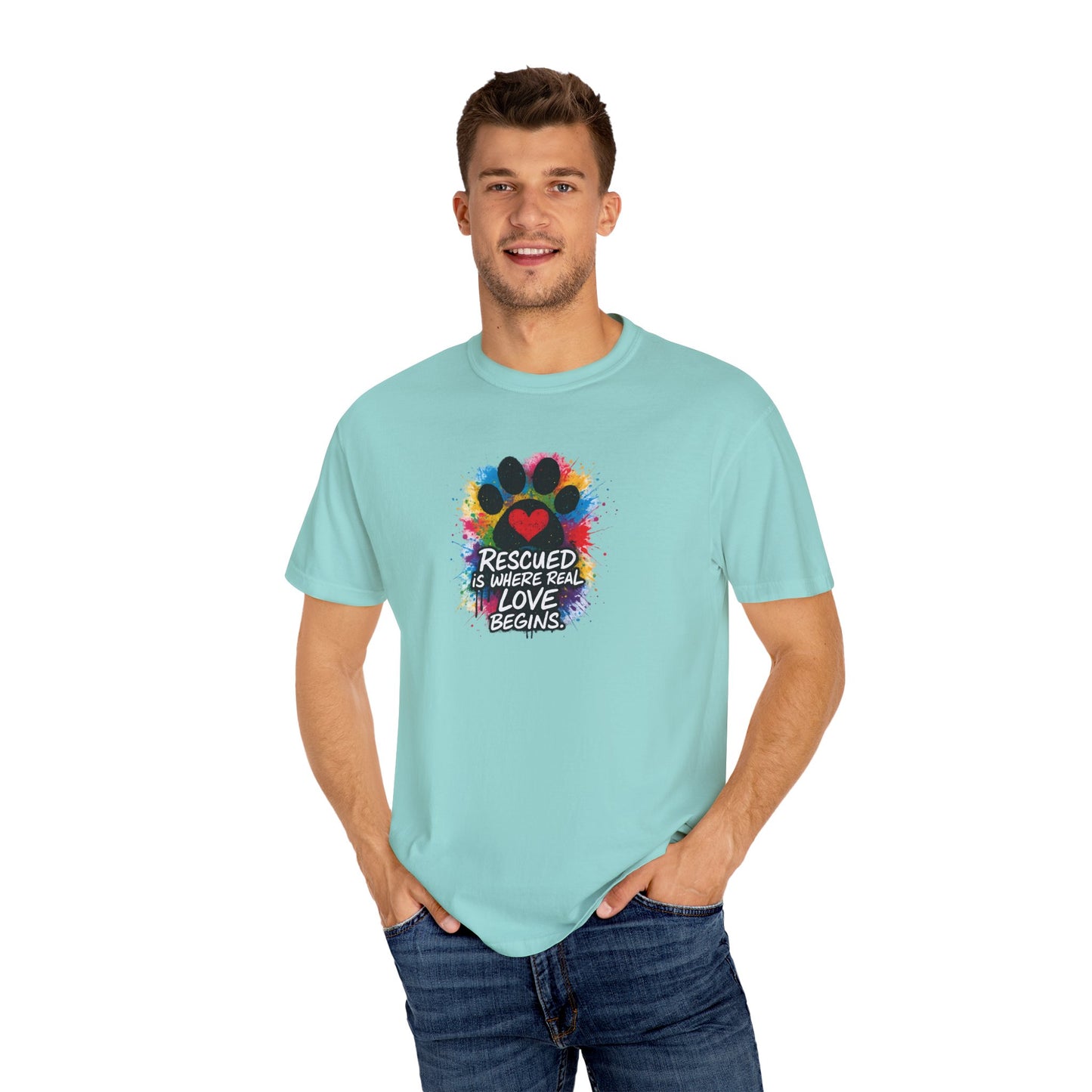 Rescued Is Where Real Love Begins T-Shirt | Paw Print Tee, Animal Lovers Gift, Dog Mom Shirt, Pet Adoption Awareness, Unisex Clothing