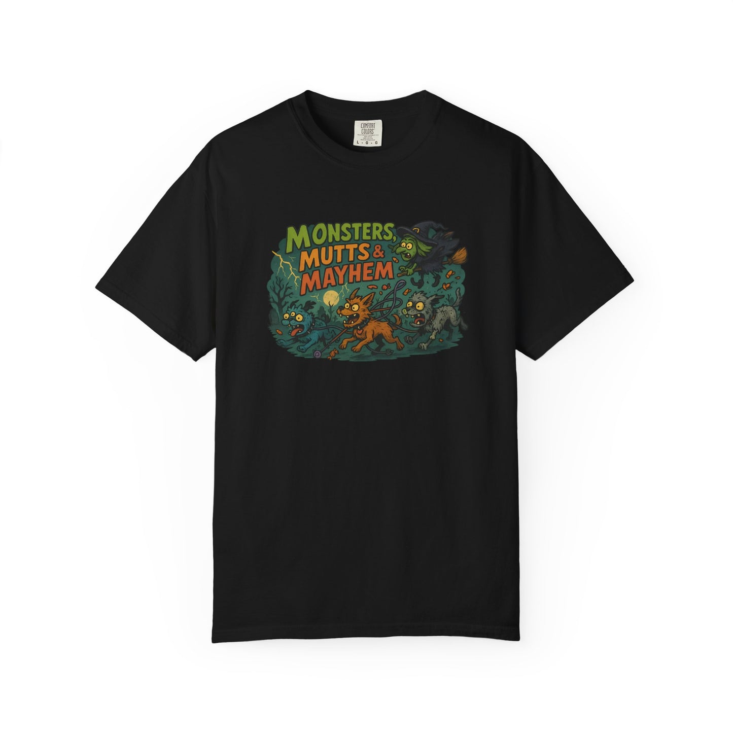 Monsters, Mutts & Mayhem T-Shirt | Unisex Cartoon Tee for Pet Lovers | Fun Graphic Top | Gift for Dog Owners | Halloween or Everyday Wear