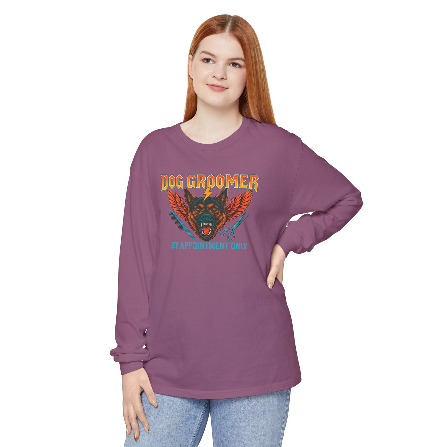 Heavy Metal Dog Groomer Long Sleeve T-Shirt - By Appointment Only - Unisex Garment-Dyed Tee