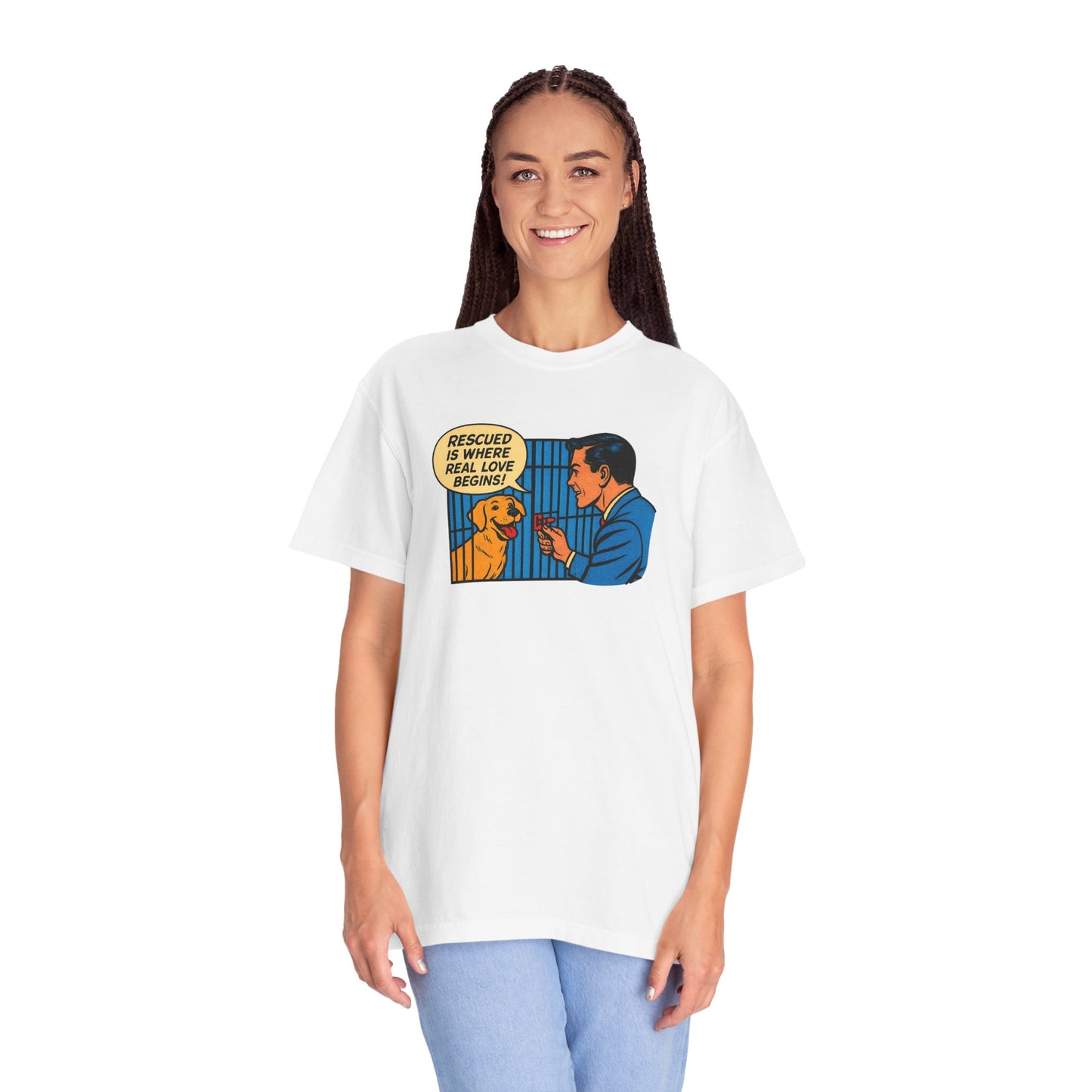 Rescued Is Where Real Love Begins Tee, Dog Lover T-Shirt, Vintage Style Animal Rights Shirt, Funny Pet Owner Gift, Animal Rescue Awareness Wear