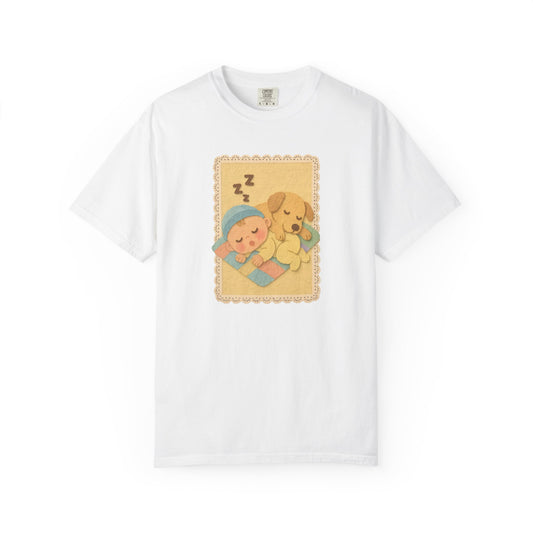 Cute Dreamy T-Shirt, Cartoon Sleepy Baby and Puppy Design, Cozy Gift for Kids, Fun Sleepwear, Nursery Decor, Pet Lover Gift