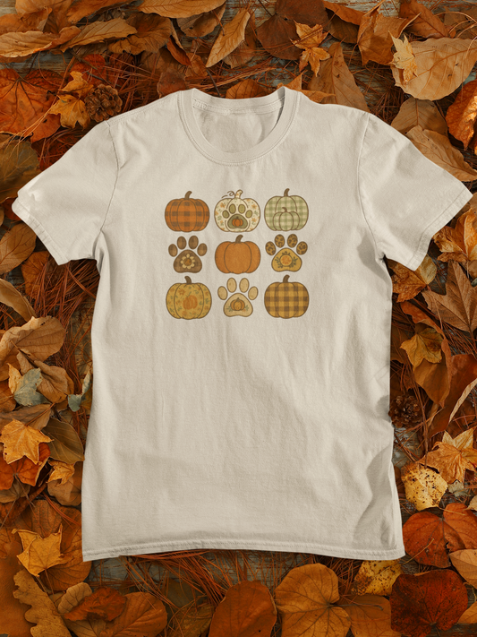 Fall Pumpkin Paw Print Unisex T-Shirt, Cozy Autumn Tee, Harvest Festivity Shirt, Pet Lover Gift, Seasonal Apparel