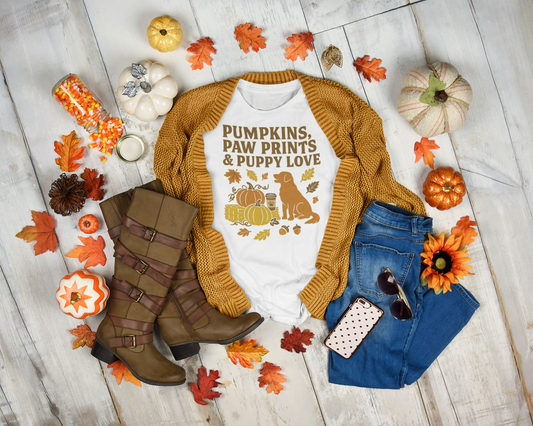Fall Themed Dog Lover T-Shirt, Pumpkin Paw Print Tee, Cozy Autumn Apparel, Perfect for Dog Owners, Gifts for Pet Lovers